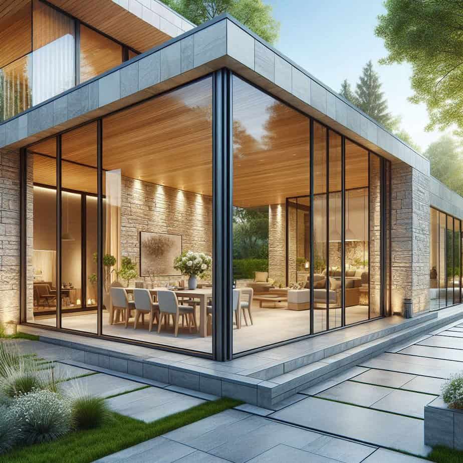 Moderne aanbouwveranda met steen en glazen wanden voor veel licht
